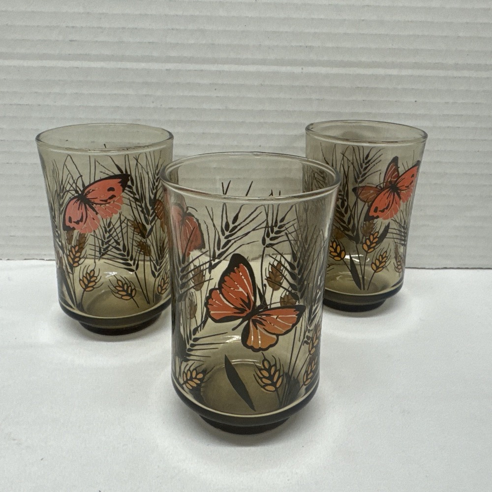 3 Libbey Juice Glass Monarch Butterfly Wheat Pattern Amber Brown 5 oz Vintage